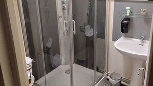 A modern bathroom with a glass-enclosed shower, a white toilet, a sink, and a mirror. - Les Marais Comtois (Saône)