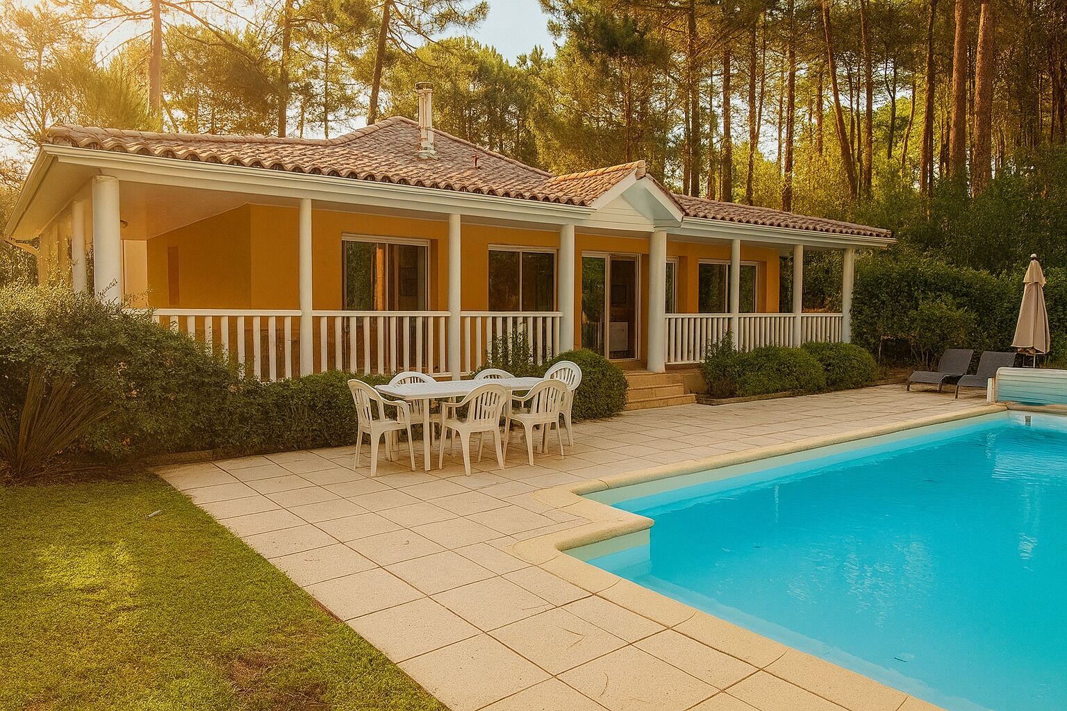 A house with a swimming pool, a patio with chairs, and a covered area with a table and chairs.