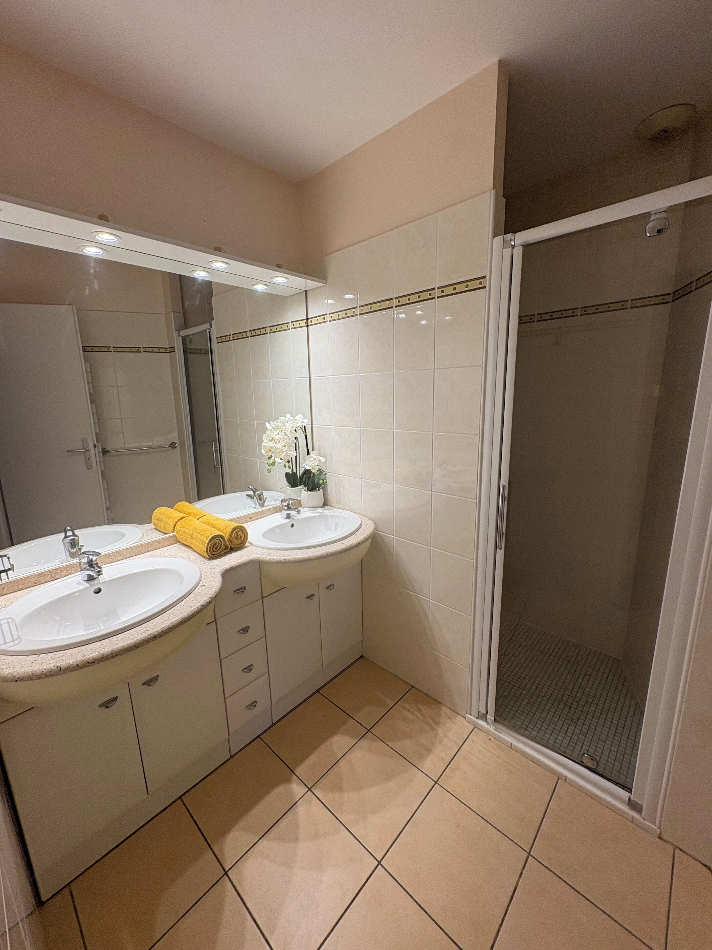 Een badkamer met twee wasbakken, een douche en een spiegel.