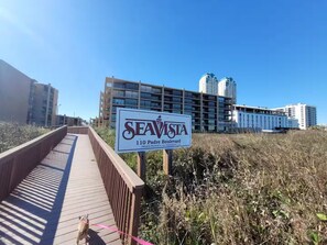 A sign for Seavista at 110 Padre Boulevard, indicating a private property with a beachfront view. - SpaceX Launches and Fun Filled Family Beach Days - 1st Floor 2BR/2BA Condo (South Padre Island)