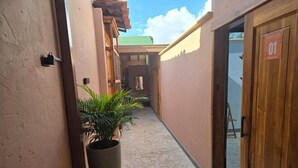 Un couloir étroit avec un pot de fleurs, une porte en bois portant un numéro et un sol carrelé.