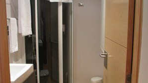 Une salle de bain avec douche, toilettes et lavabo.