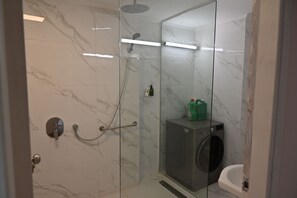 Shower, hair dryer, bidet, towels