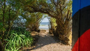 A pathway leading to a beach with trees on either side. - Direct Beach Access!! - Casa On The Rocks Uruguay (Estación Las Flores)