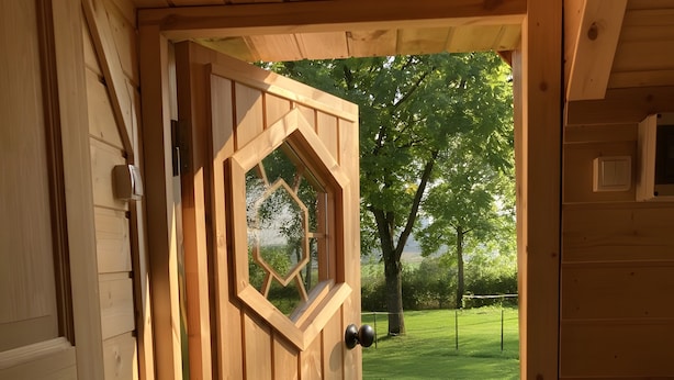 Une porte en bois ornée d’un motif géométrique dans sa fenêtre, qui donne sur un espace extérieur verdoyant.
