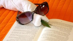 An open book with a pair of sunglasses resting on it. - 1-Bedroom Apartment with Pool and Garden View (3 Adults) (Luz)