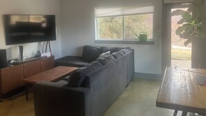 En moderne stue med en grå sofa, et træ sofabord, et fladskærms-tv ophængt på væggen og et vindue med udsigt til grønne omgivelser.