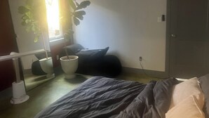 Et soveværelse med seng, en potteplante, et spejl, et vindue og en dør.