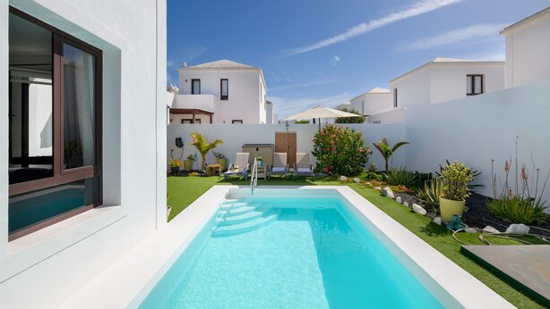 Ein moderner Poolbereich mit einem klaren, blauen Pool, einer kleinen Liegefläche und einem gepflegten Garten mit verschiedenen Pflanzen und einer Liege.