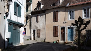 A narrow street with buildings, a no parking sign, and a tree. - T2 Vert Anis Apartment with Wi-Fi (Salies-de-Béarn)