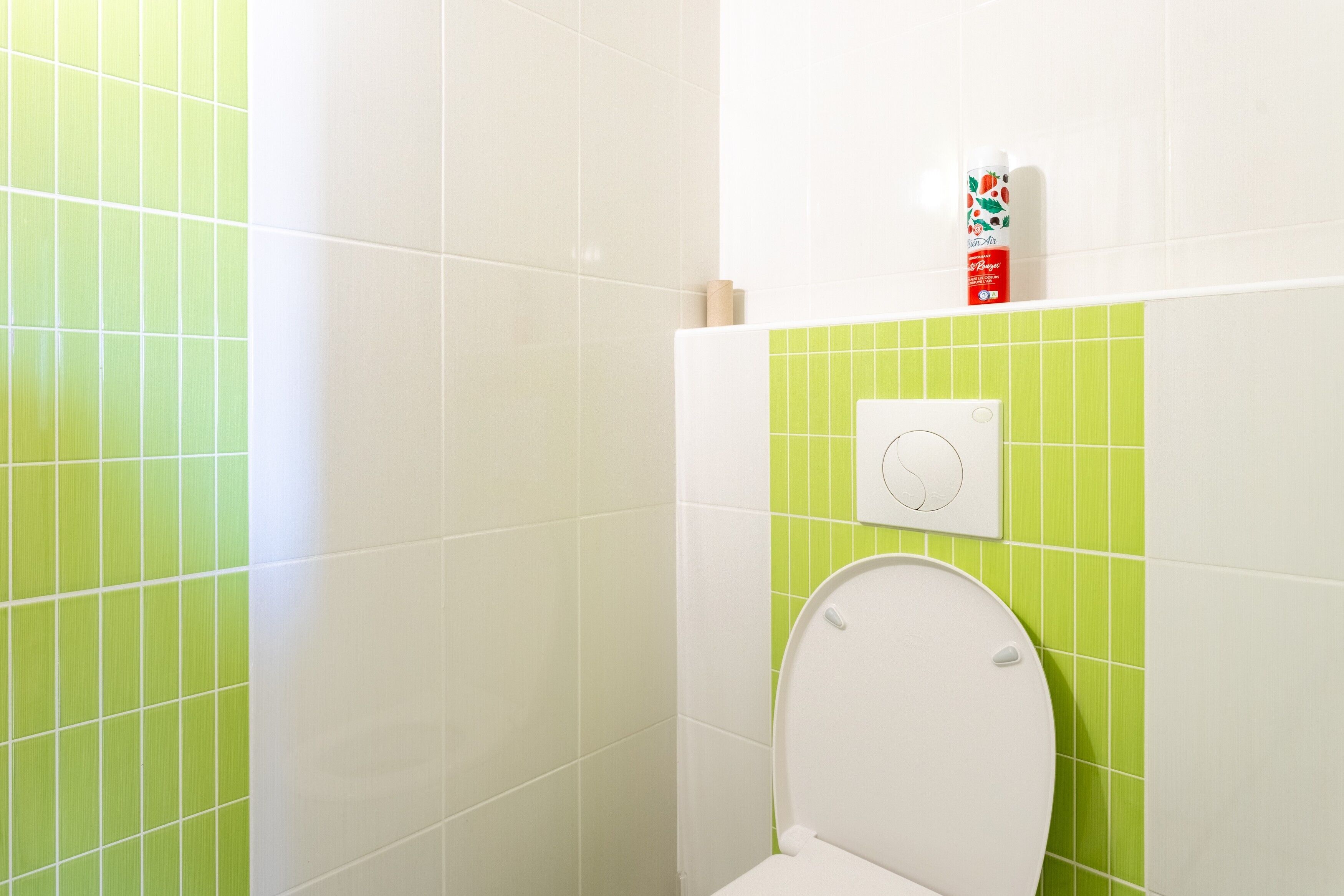 Een badkamer met een toilet, een muur betegeld in het groen en een witte toiletrolhouder.
