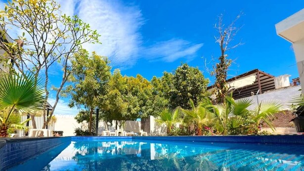 A clear blue swimming pool surrounded by lush greenery and white lounge chairs. - Shared Pool Oasis  Near Malecon  BBQ  Wi-Fi (La Paz)