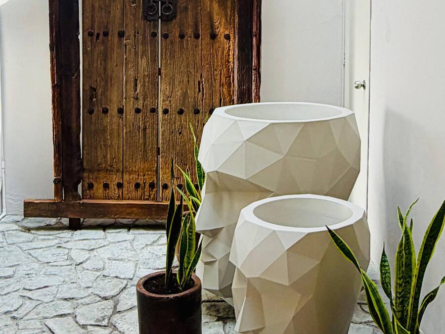 A stone floor, a wooden door, and two geometric planters with plants.