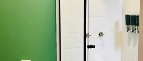 Un baño con inodoro, cabina de ducha y pared verde.