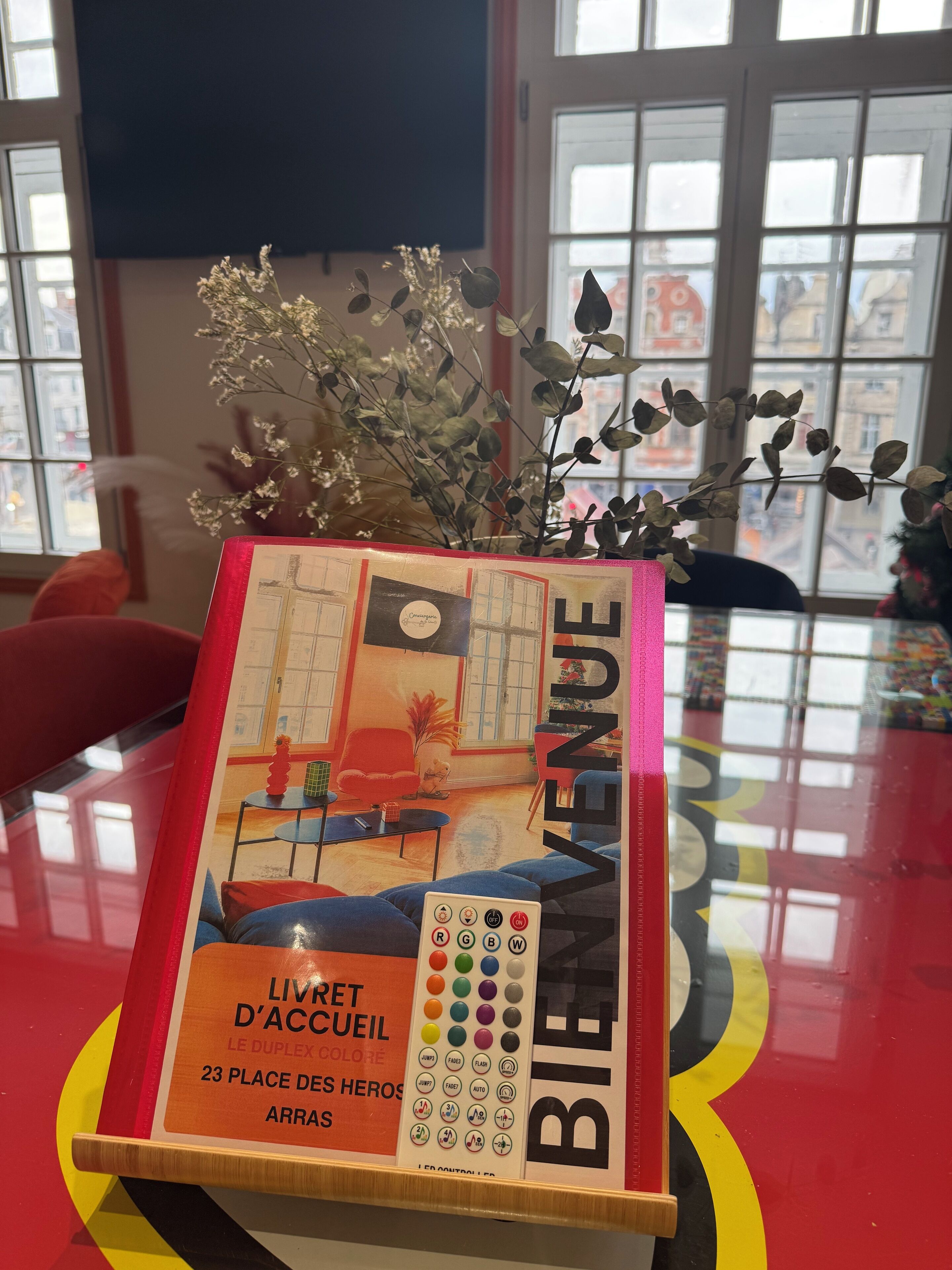 A book titled 'LIVRET D'ACCUEL' with a color wheel and a room layout illustration.