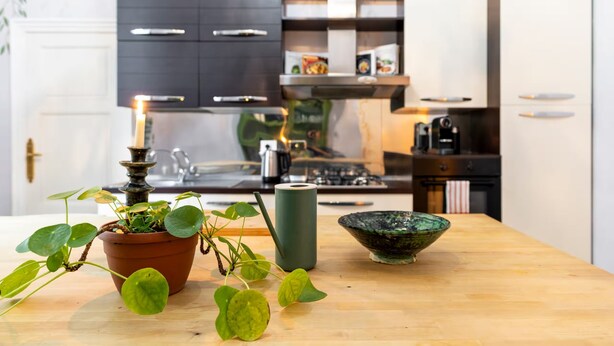 Una cocina con una mesa de madera, una planta en maceta, un jarrón verde y un cuenco verde.