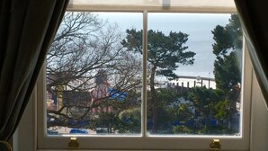 Una ventana con vistas a árboles y un edificio al otro lado del agua.