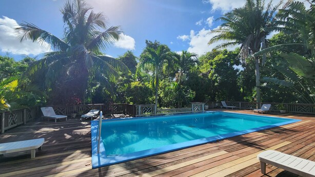 A wooden deck with a swimming pool, surrounded by palm trees and lounge chairs. - Sandy Bay Island Retreat w/Private Dock, Reef Snorkeling, Pool & Walk to Beach (Roatán)
