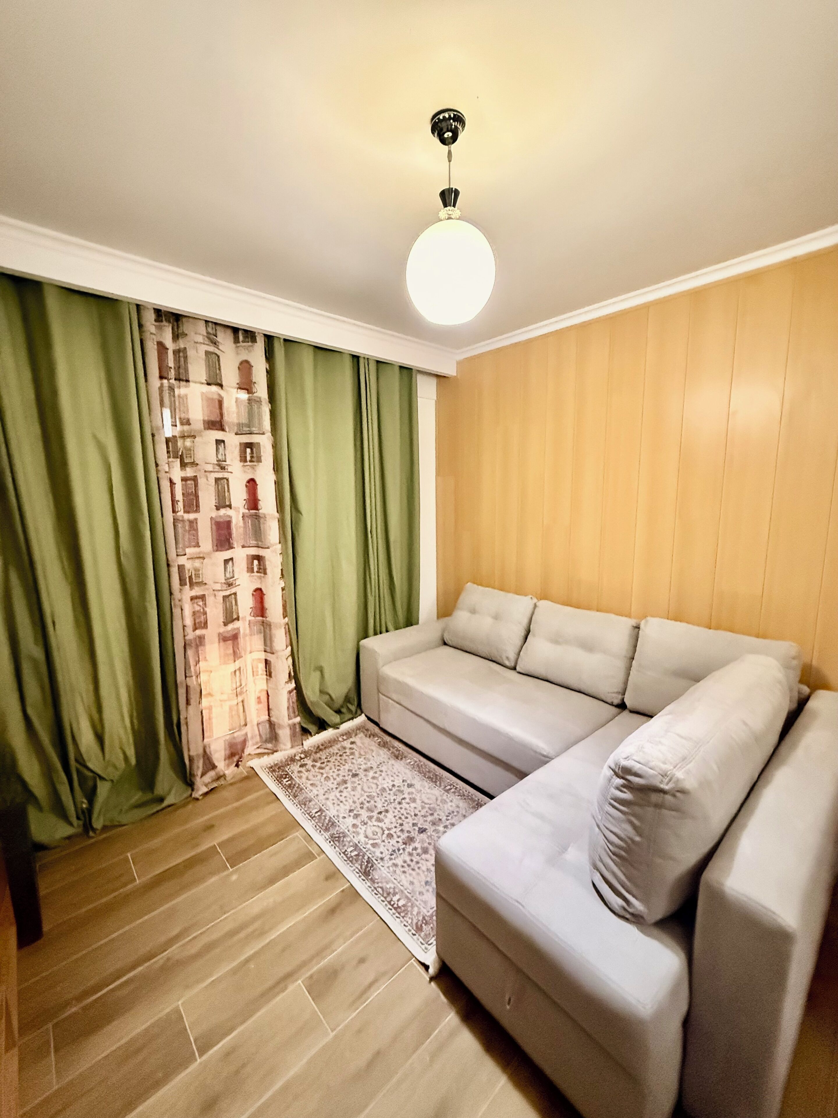 A living room with a sofa, a patterned rug, green curtains, and wooden paneling on the wall.
