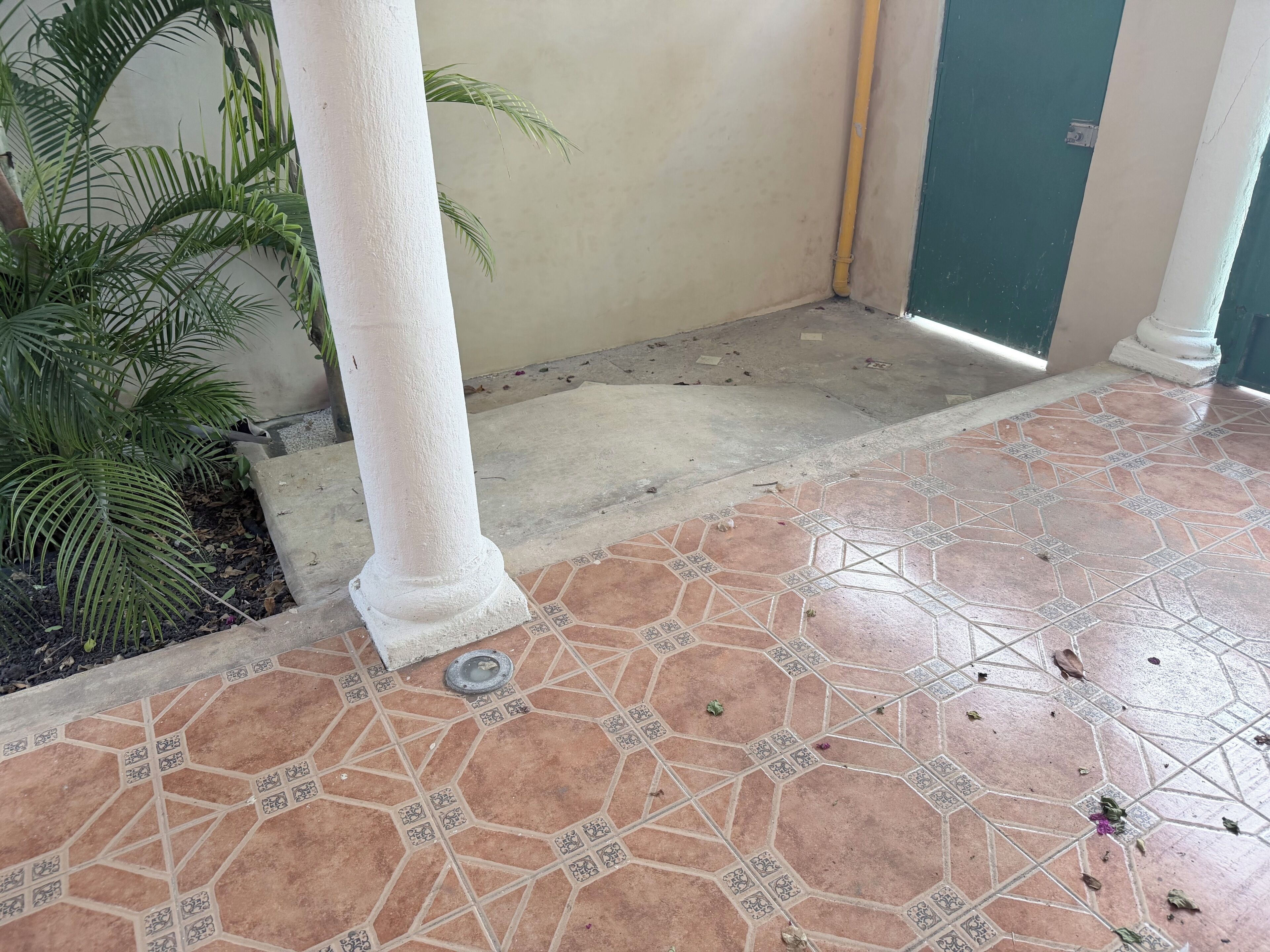 A tiled floor with a geometric pattern, a white pillar, and a green door.