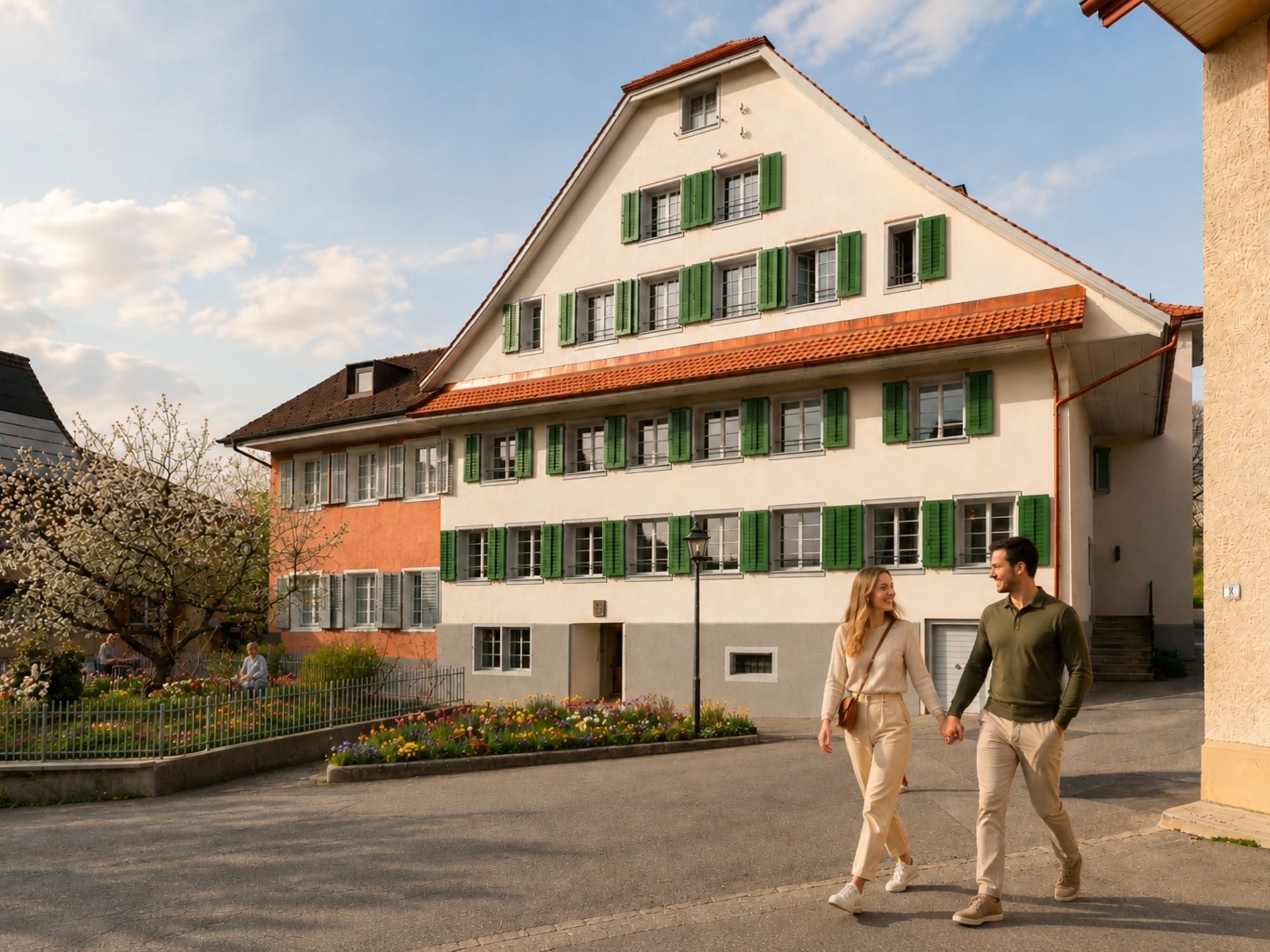 Ein Gebäude mit vielen Fenstern und einem roten Ziegeldach.