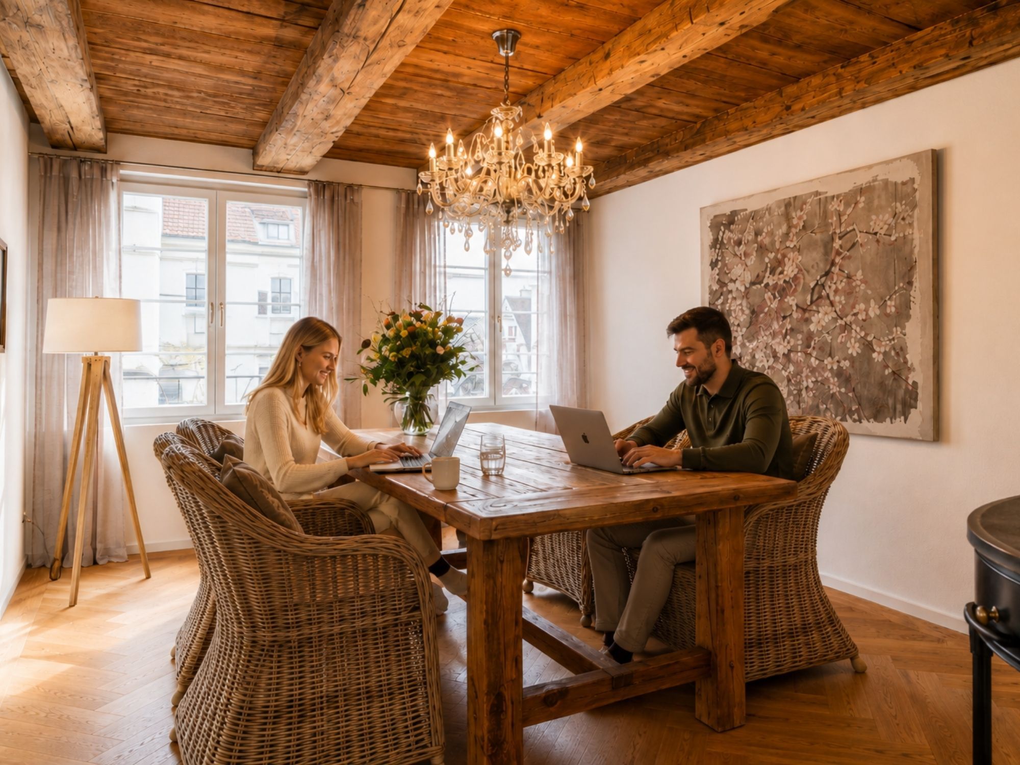 Una stanza con un tavolo in legno, sedie in vimini, un lampadario e un quadro appeso al muro.