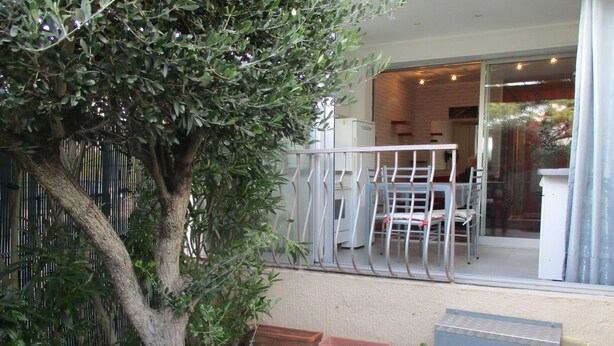 Un patio con un árbol, una barandilla metálica y una escalera que lleva a una puerta.