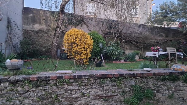 A stone wall, a yellow flowering bush, and a table with chairs in a garden area. - Comfortable apartment in private property overlooking flower garden (Lys-Haut-Layon)