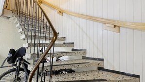 Eine Treppe mit Metallgeländer, einem Fahrrad und einem hölzernen Handlauf.