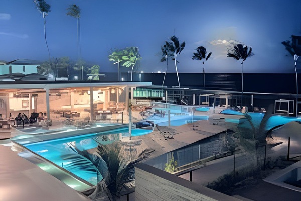 8 piscines extérieures, parasols de plage, chaises longues