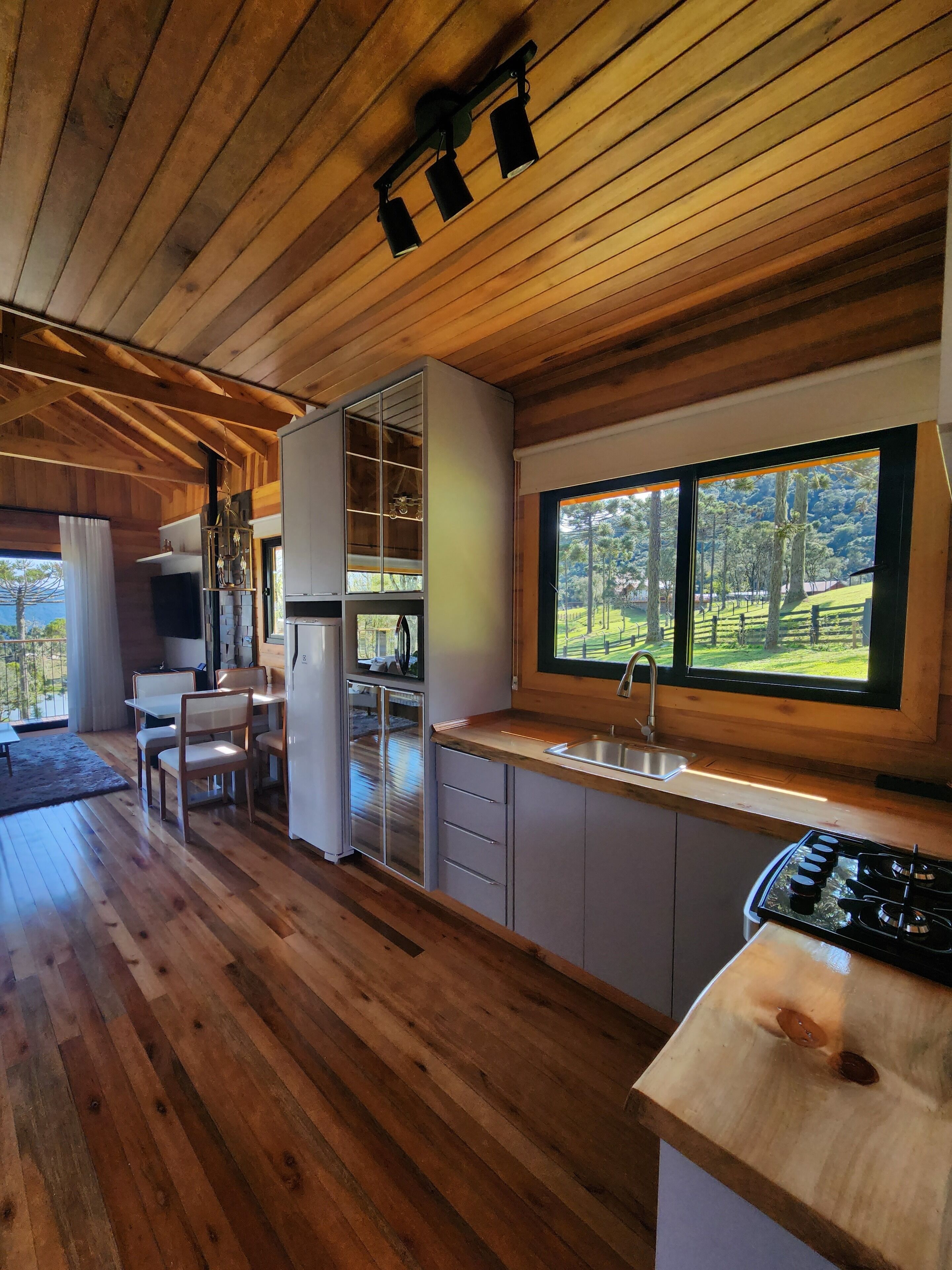 A modern kitchen with wooden flooring, a built-in stove, and a window with a view of greenery.