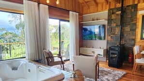 Un intérieur en bois avec un jacuzzi, une télévision, une cheminée et une vue sur l’extérieur.