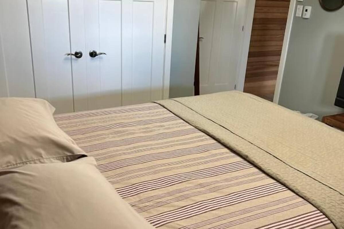 Een slaapkamer met een bed, kussens, een kledingkast en een deur.