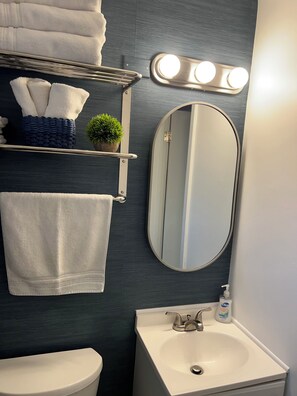 Shower, hair dryer, towels, soap