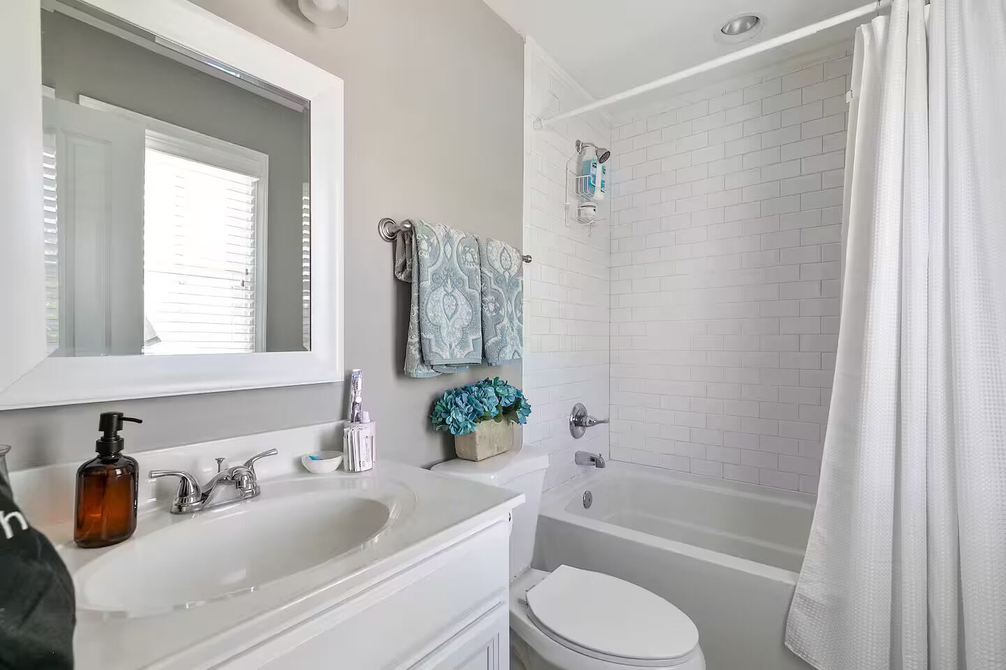 Hair dryer, towels, soap, toilet paper