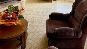 A living room with a fireplace, a television, a sofa, and a dining table with a fruit arrangement. - Breton longhouse with garden in Trédaniel (Trédaniel)