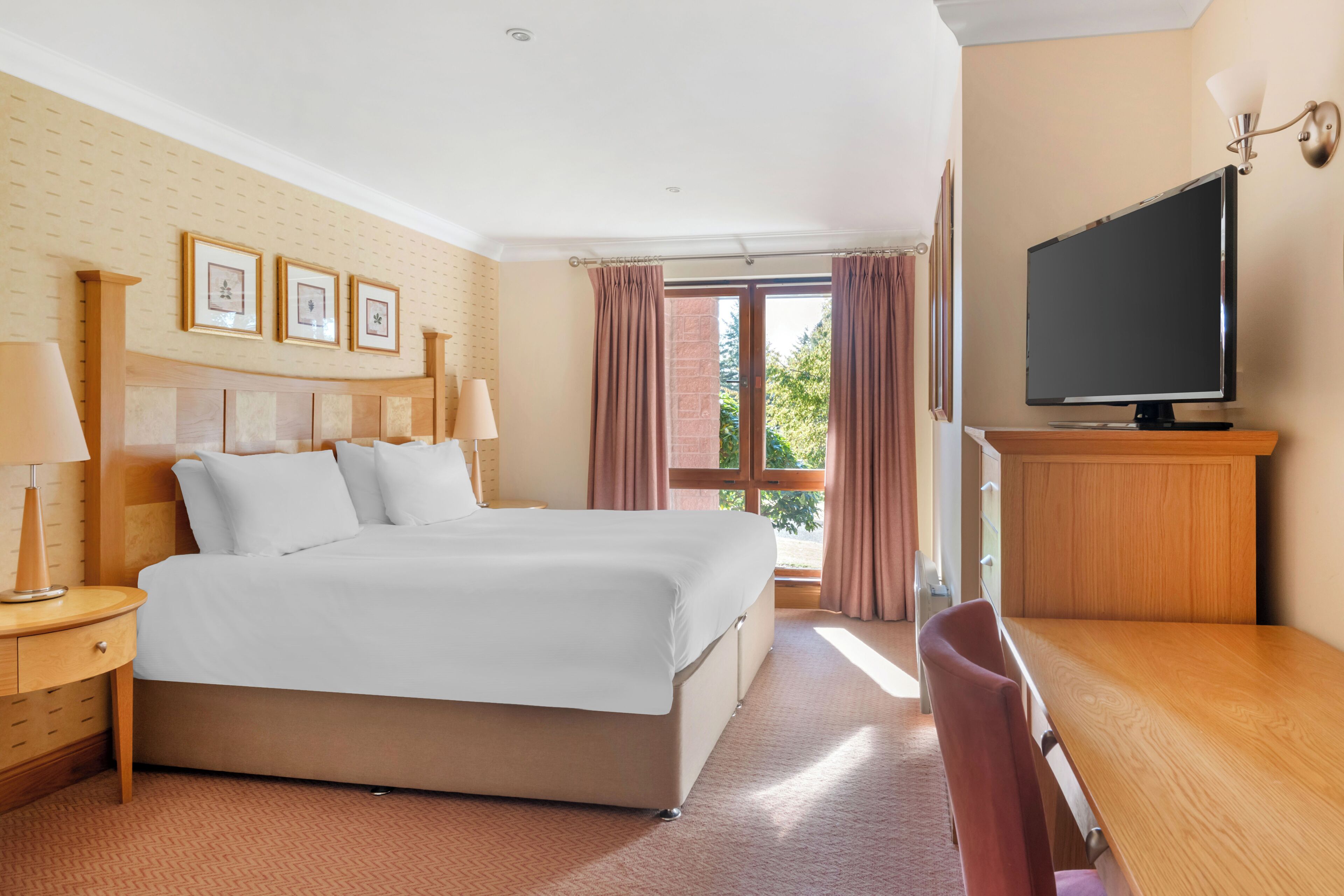 Ein Hotelzimmer mit Bett, Nachttisch, Lampe, Fernseher und Schreibtisch mit Stuhl.