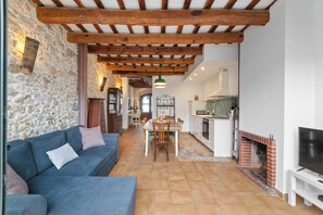 Ein gemütliches Wohnzimmer mit Steinwand, blauem Sofa, Kamin und Fernseher.