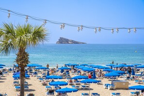 Uma praia com fileiras de guarda-sóis azuis e espreguiçadeiras, uma palmeira e um afloramento rochoso ao longe.