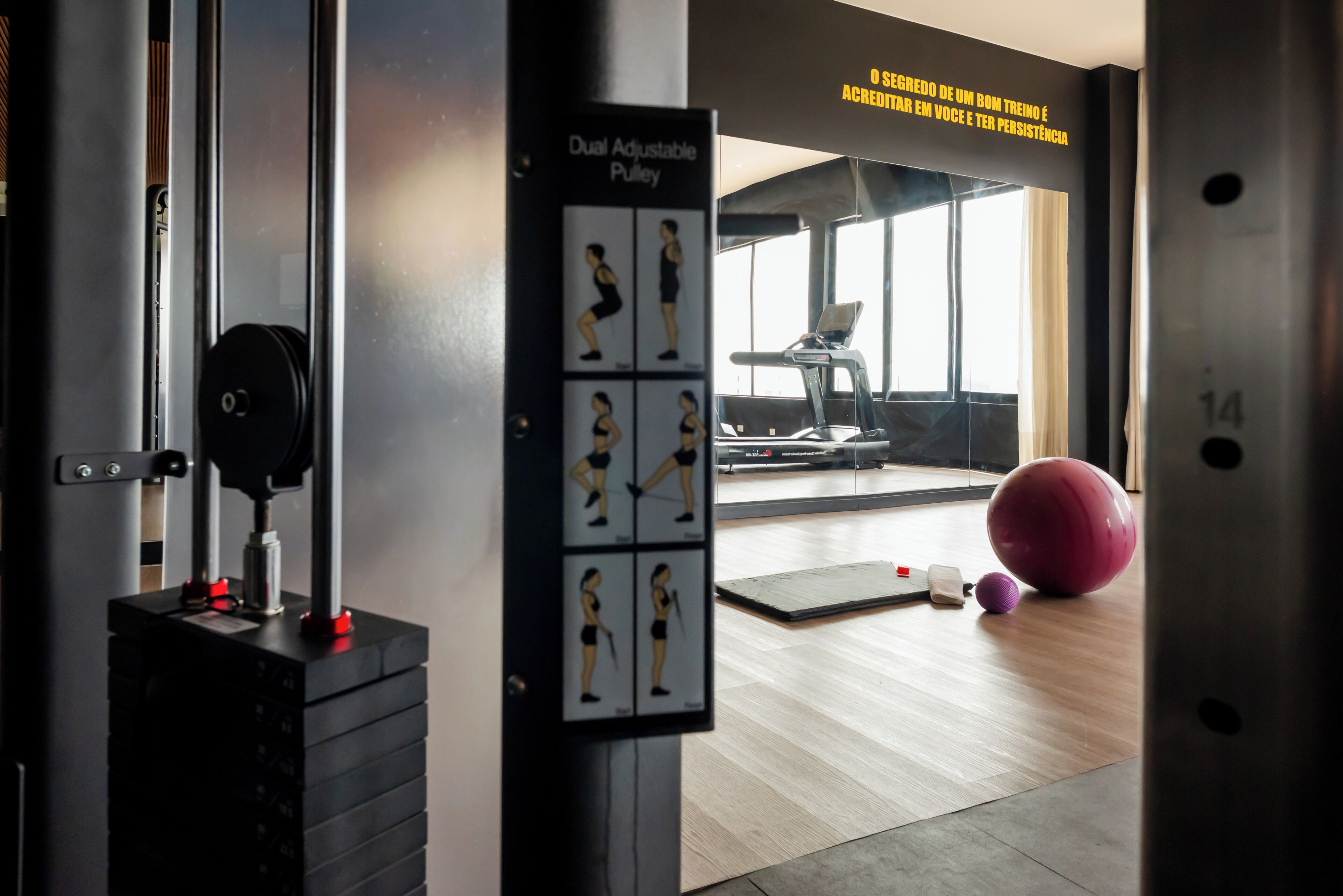 A gym with a dual adjustable pulley, a treadmill, and a large exercise ball.