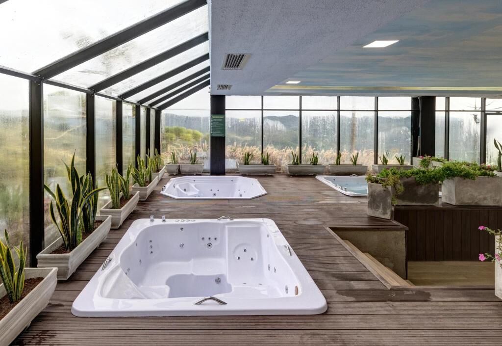 Zona de spa con dos jacuzzis y plantas en macetas, amplias ventanas con vistas al exterior.