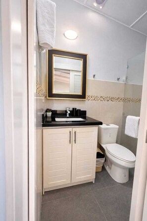 A bathroom with a toilet, sink, and mirror. - 5-Min Walk to Jacó Beach  Shops, Tours & Dining Nearby (Jaco)
