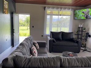 Una sala de estar con un sofá gris, un sillón oscuro, una mesa de centro, un televisor y una ventana con vistas a la vegetación.