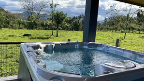 A hot tub with a view of a grassy field and trees. - Charming 2-bedroom villa with AC in peaceful  de La Fortuna, San Carlos (San Carlos)