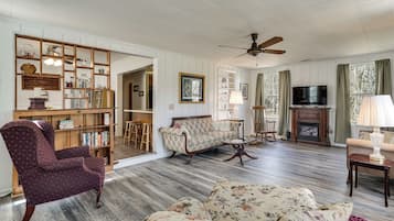 TV, fireplace, books