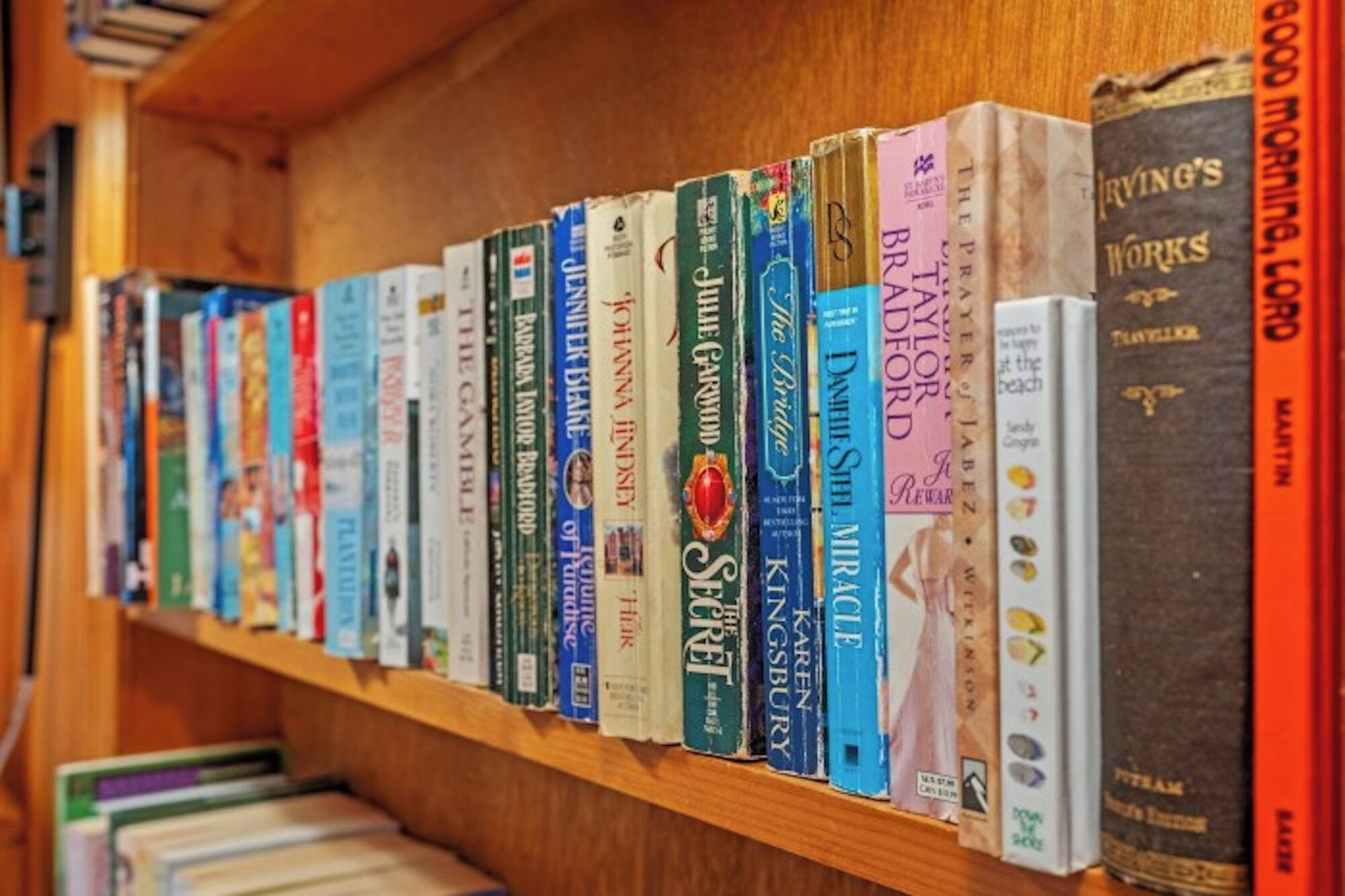 A bookshelf with a variety of books, including titles like 'The Secret' and 'The Bridge.'