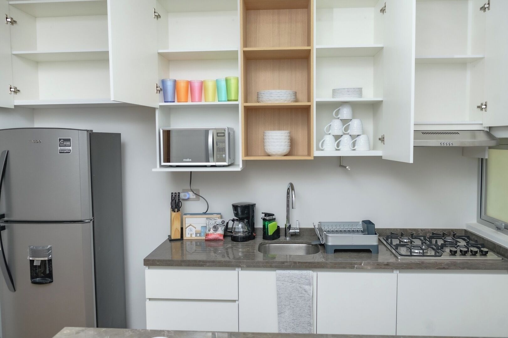 Frigorífico, microondas, horno y placa de cocina