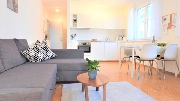 A modern living room with a grey sofa, a small round table with a plant, a dining area with white chairs, and a kitchen in the background. - Ferienwohnung Badnerstraße L4 (Endingen am Kaiserstuhl)