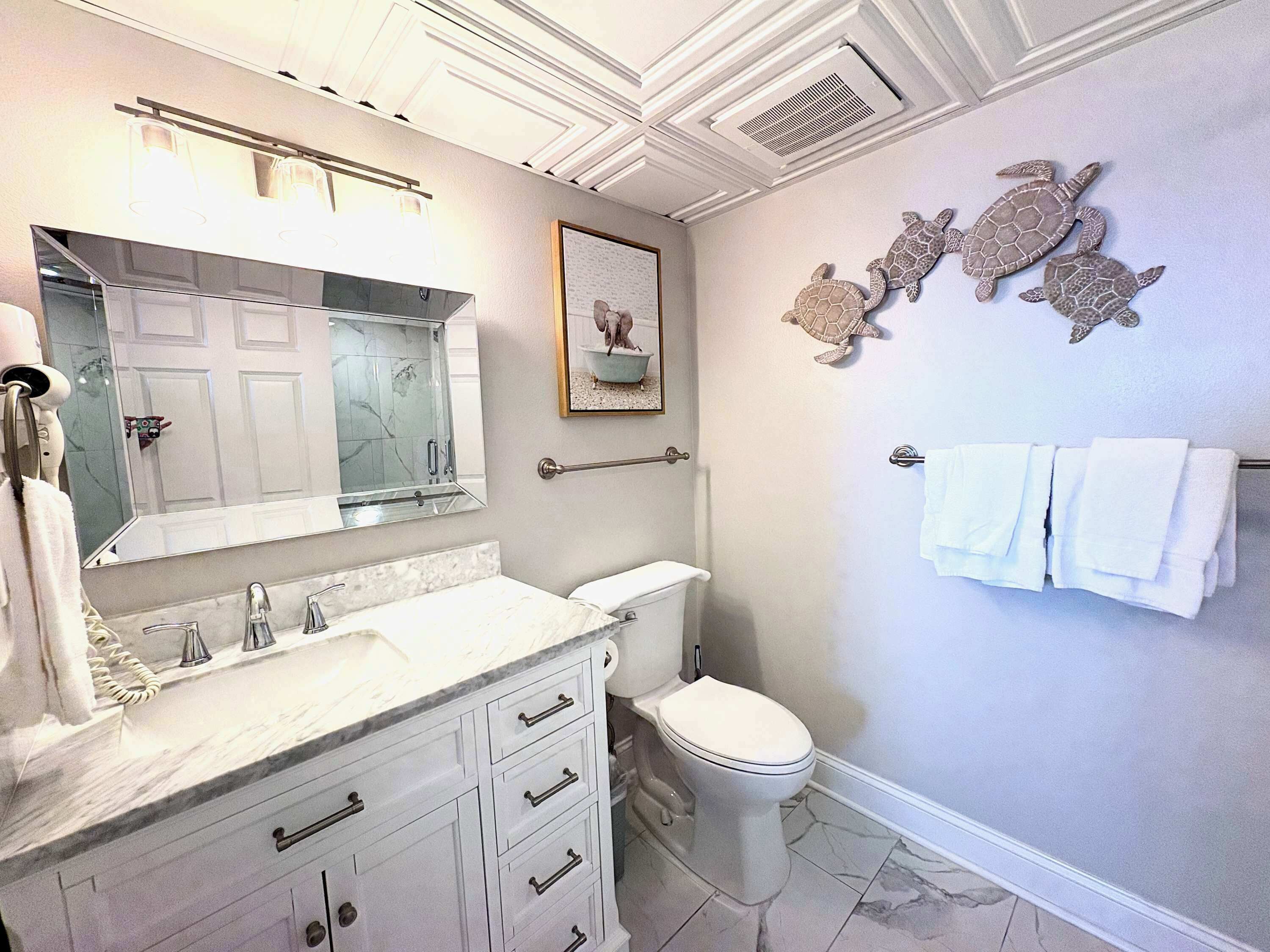 A bathroom with a marble vanity, a toilet, and decorative sea turtle wall art.