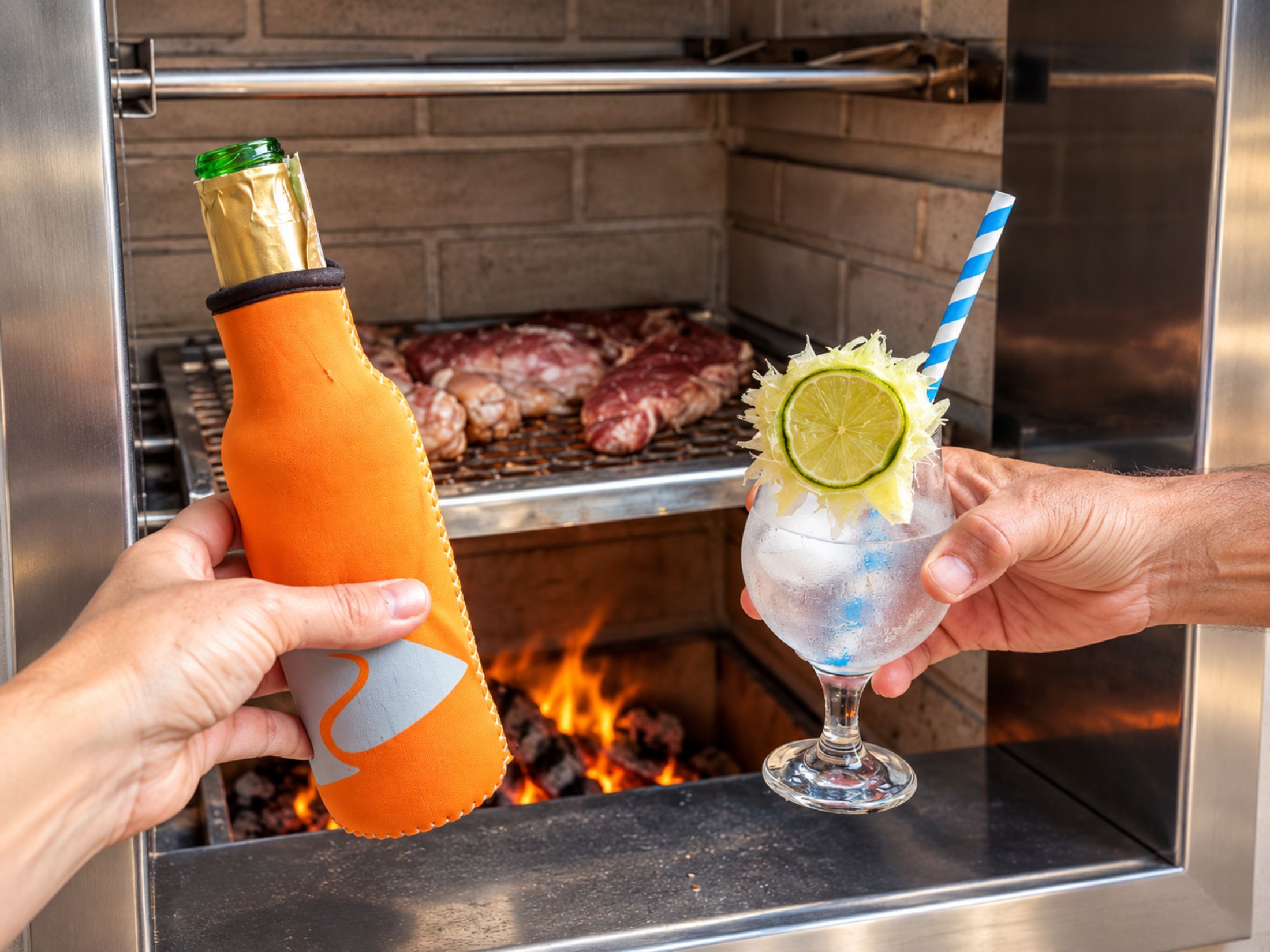 A person holding a bottle and a drink with a straw in front of a grill.